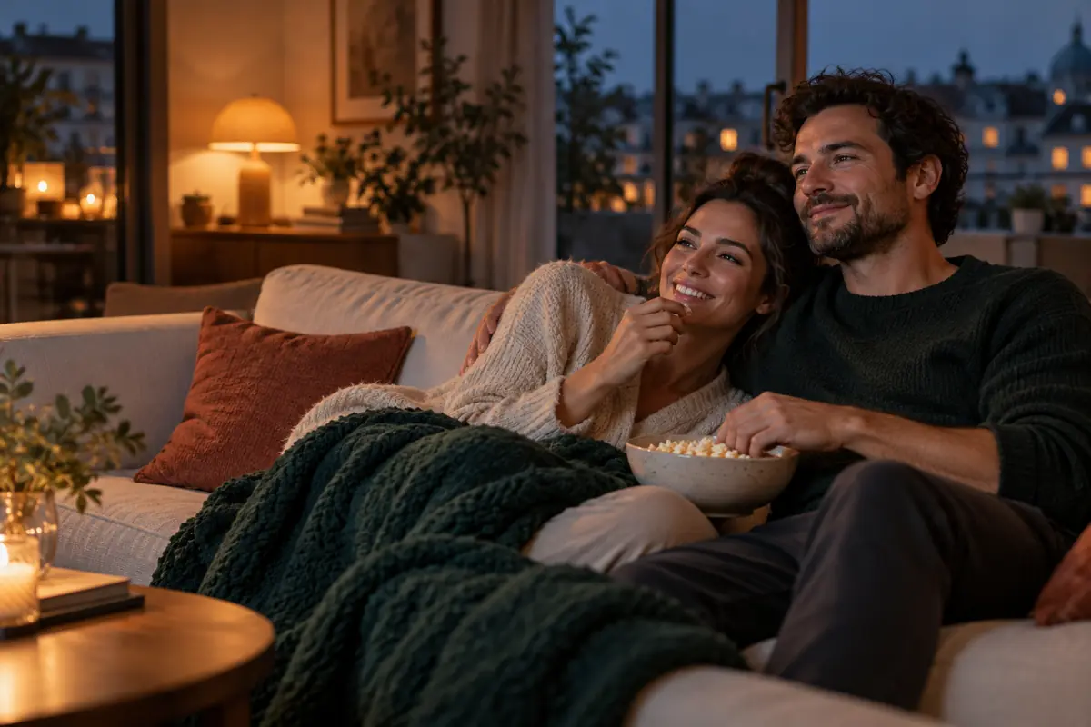 Un couple partage un moment chaleureux avec du popcorn