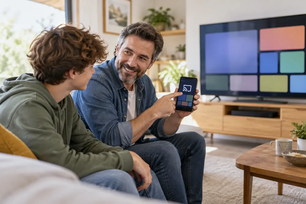 Téléphone et télévision pour préparer une diffusion Chrome Cast