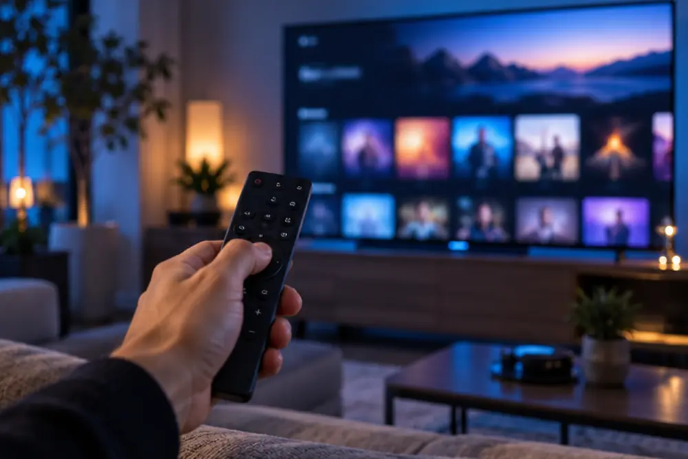 Une télécommande devant un écran, illustration du guide IP Smart IPTV
