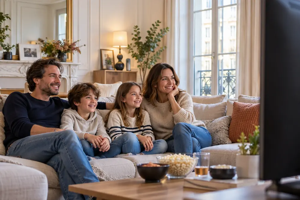 Une famille regarde la télévision, illustration du guide IPTV France