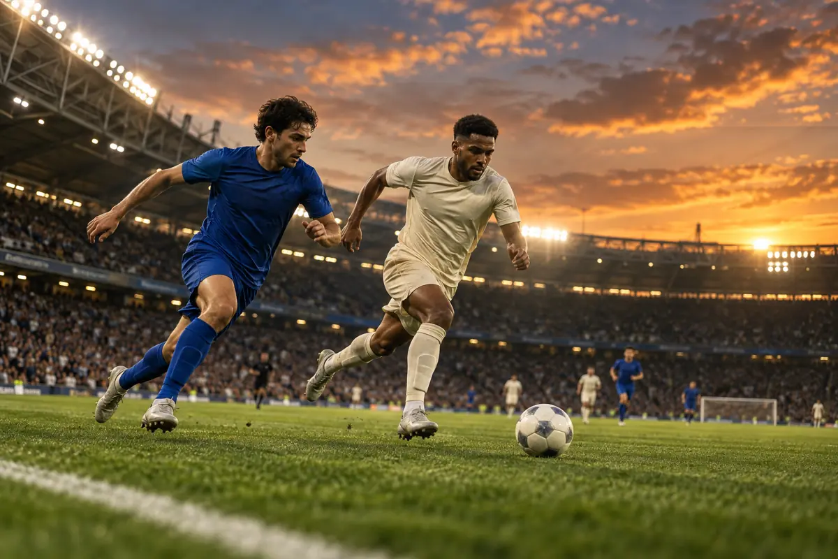 Deux joueurs de football anonymes dans un stade éclairé au crépuscule