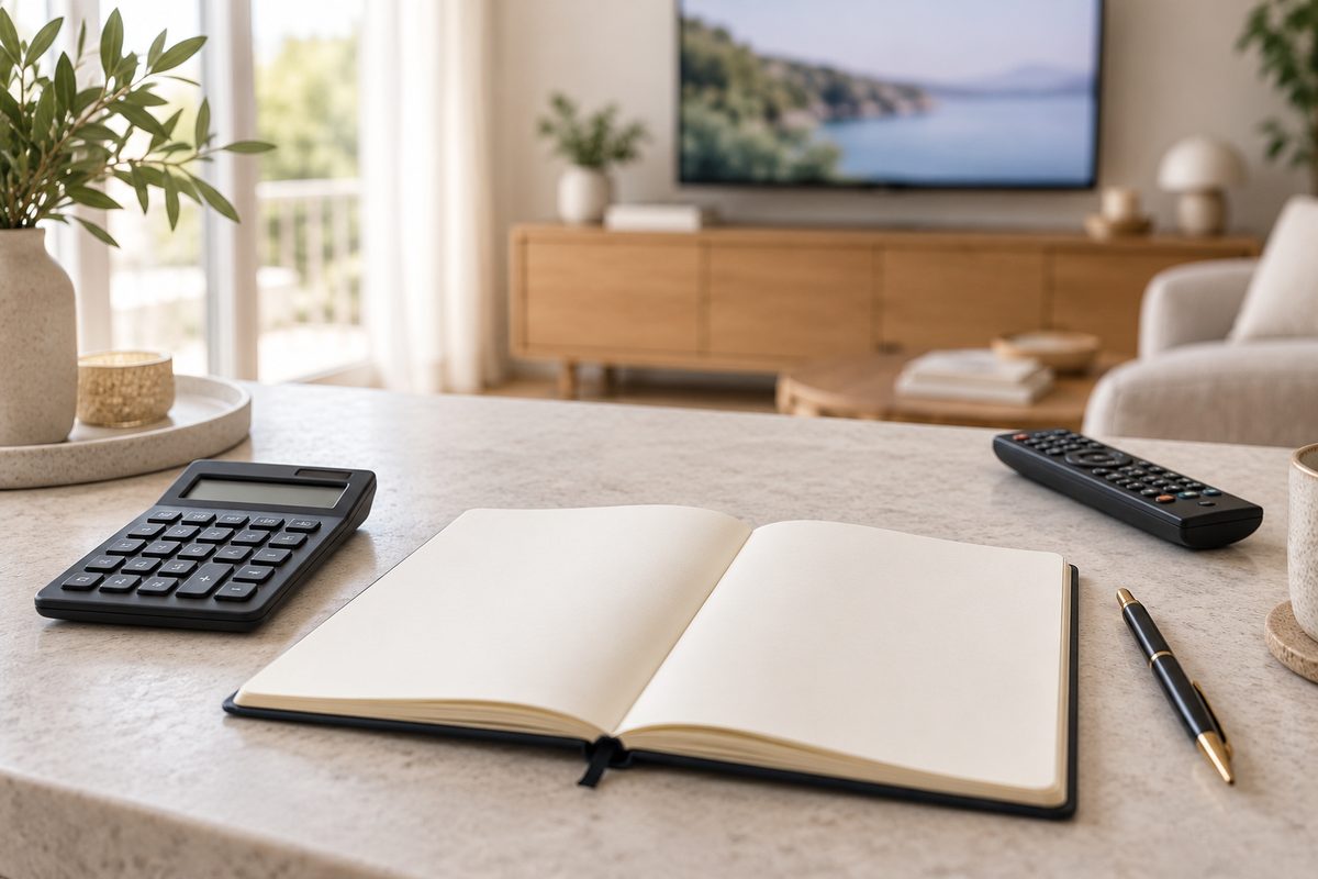 Carnet sans texte, calculatrice et télécommande sur une table pour préparer un budget télévision