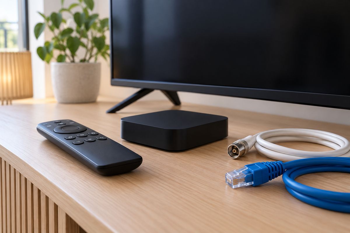 Télécommande et connexion réseau près d’un équipement de télévision sans marque